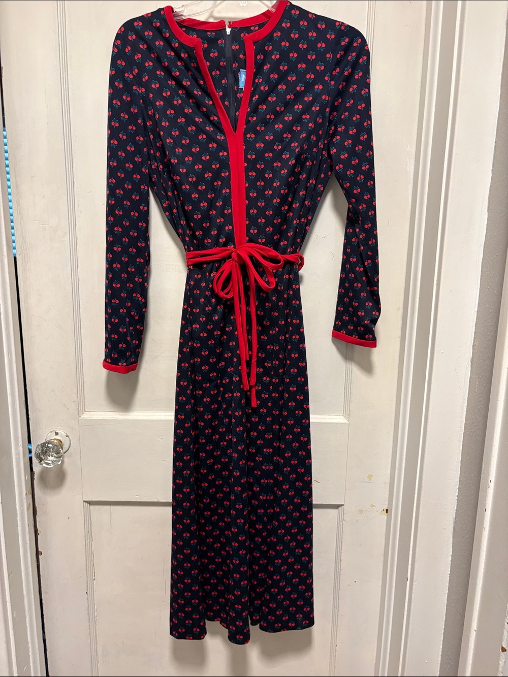 Marek New York Navy Long Sleeve Midi Dress with Red Cherry Print and Red Trim 14